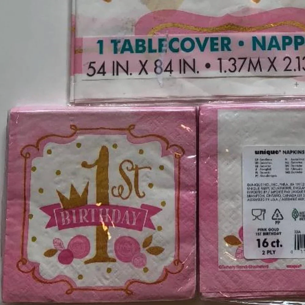 First Birthday Party Bundle, Color: Pink , White & Gold, disposable tableware